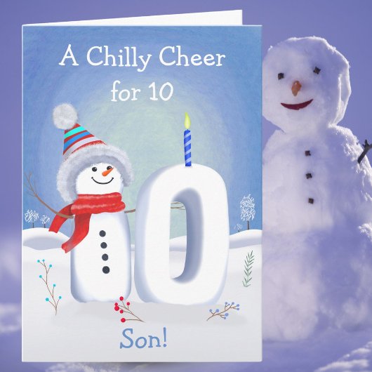 息子10歳の誕生日 スノーマン 雪のテン カード