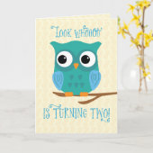 息子2歳の誕生日フクロウ青と緑 カード (黄色い花)