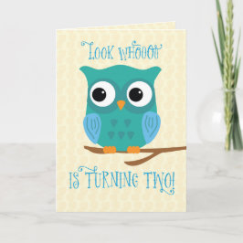 息子2歳の誕生日フクロウ青と緑 カード