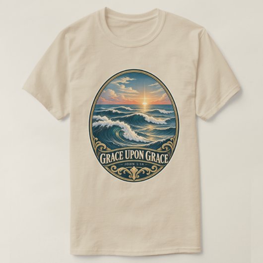 恵みの上に恵み 海の波 ヨハネの福音書1:16 Tシャツ (デザイン正面)