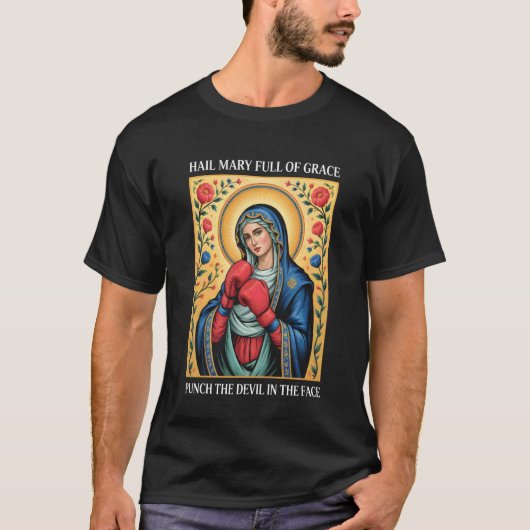 恵みの満ちたる聖母マリア 悪魔を顔面にパンチ Tシャツ (正面)