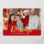 恵みファミリーフォトクリスマスレッド&ブラックプレイド 箔シーズンカード (正面)