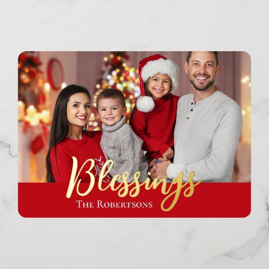 恵みファミリーフォトクリスマスレッド&ブラックプレイド 箔シーズンカード (正面)