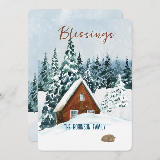 恵みブルーウォーターカラー冬の風景クリスマス シーズンカード (正面/裏面)