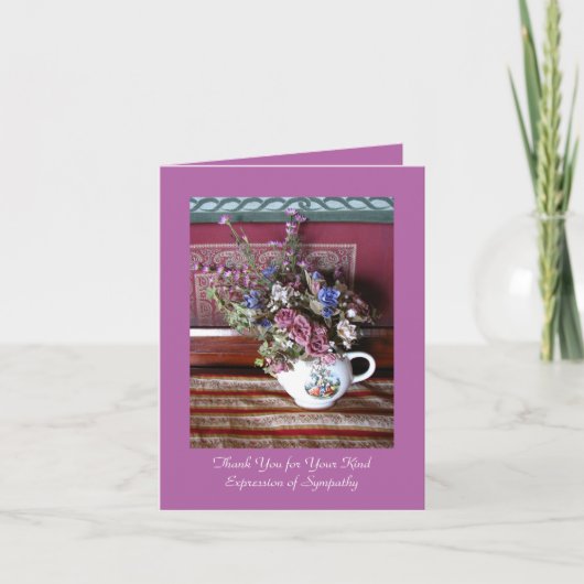 悔やみや弔慰ありがとうヴィンテージフラワーティーポットノートカード サンキューカード (正面)