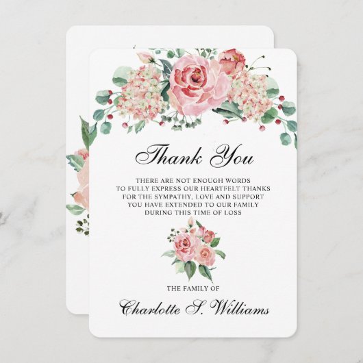 悔やみや弔慰ありがとう水彩ピンクの愛の思い出 サンキューカード (正面/裏面)