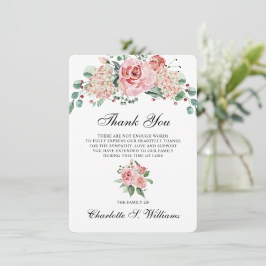 悔やみや弔慰ありがとう水彩ピンクの愛の思い出 サンキューカード (スタンド正面)