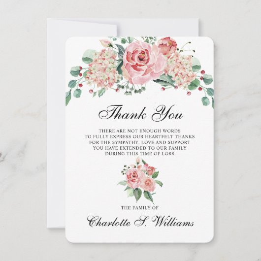 悔やみや弔慰ありがとう水彩ピンクの愛の思い出 サンキューカード (正面)