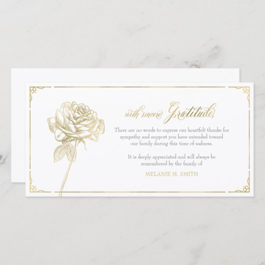 悔やみや弔慰のサンキューカード、記念物、ばら色の金ゴールド サンキューカード (正面/裏面)