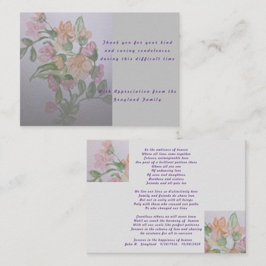 悔やみや弔慰の哀悼の詩感謝していあなた ノートカード (正面/裏面)