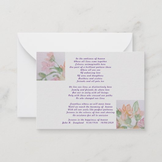 悔やみや弔慰の哀悼の詩感謝していあなた ノートカード (裏面)