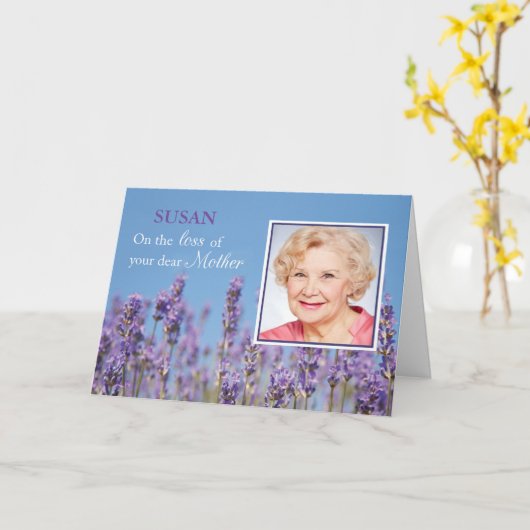 悔やみや弔慰の喪失の母カスタム、写真、名前、Purpl カード (黄色い花)
