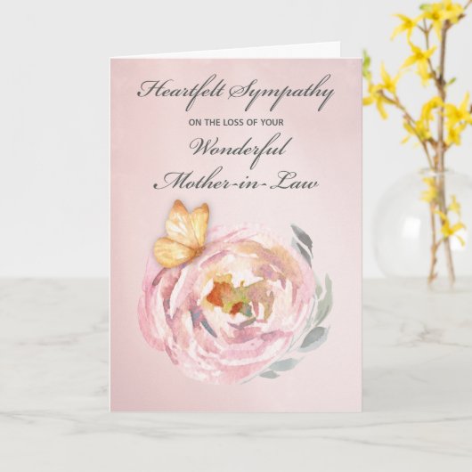 悔やみや弔慰の母の喪失バタフライピンクローズ カード (黄色い花)