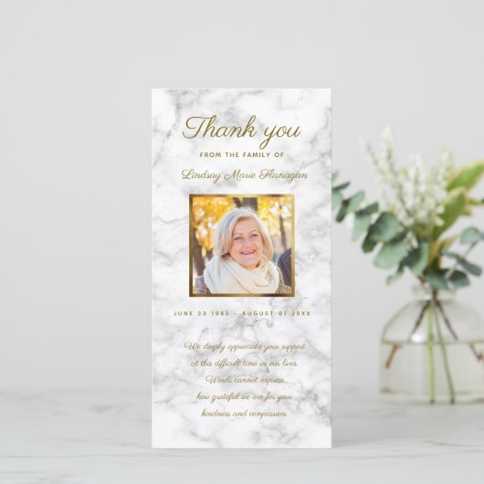 悔やみや弔慰の白い大理石の記念の金ゴールドの写真フレーム サンキューカード (スタンド正面)