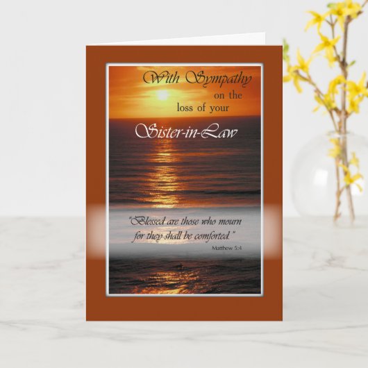 悔やみや弔慰の義理の妹の紛失、海の日没 カード (黄色い花)