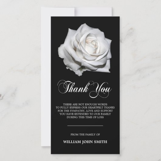 悔やみや弔慰の花の白いバラは黒い感謝していしています サンキューカード (正面)