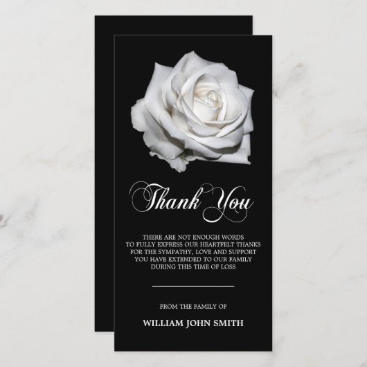 悔やみや弔慰の花の白いバラは黒い感謝していしています サンキューカード (正面/裏面)