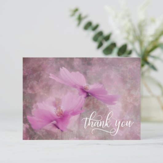 悔やみや弔慰の葬儀のピンクの藤色の花は感謝していしています サンキューカード (スタンド正面)