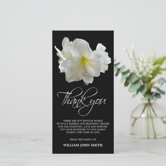 悔やみや弔慰の記念のアマリリスの花は黒い感謝していしています サンキューカード (スタンド正面)