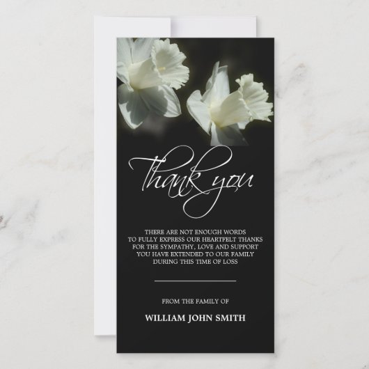 悔やみや弔慰の記念の花のラッパスイセンは黒い感謝していしています サンキューカード (正面)