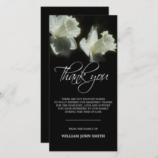 悔やみや弔慰の記念の花のラッパスイセンは黒い感謝していしています サンキューカード (正面/裏面)