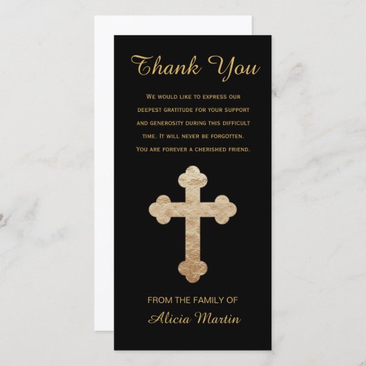 悔やみや弔慰の記念物は金ゴールドの宗教十字感謝していしています サンキューカード (正面/裏面)