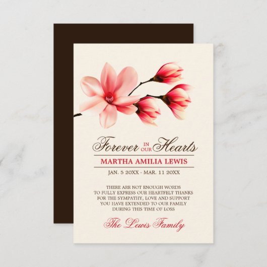 悔やみや弔慰の赤いピンクの花のマグノリアは感謝していしています サンキューカード (正面/裏面)