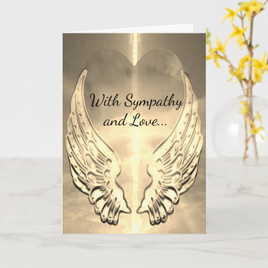 悔やみや弔慰の金ゴールドのハートおよび天使の翼 カード (黄色い花)