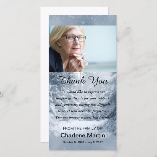 悔やみや弔慰は写真の記念の冬場面感謝していしています サンキューカード (正面/裏面)