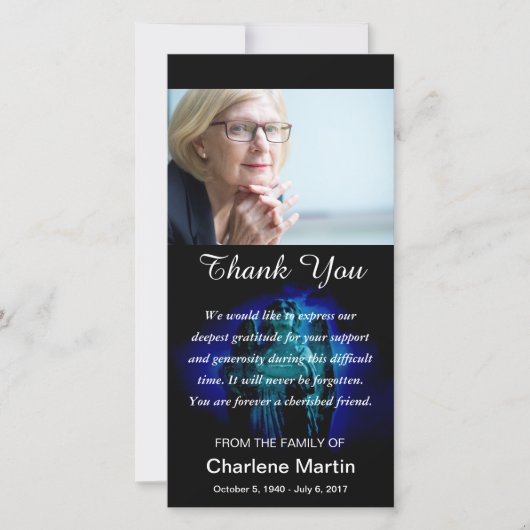 悔やみや弔慰は写真の記念の天使の青感謝していしています サンキューカード (正面)