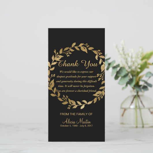 悔やみや弔慰は植物の記念の金ゴールド感謝していしています サンキューカード (スタンド正面)