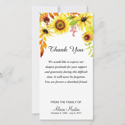 悔やみや弔慰は記念の水彩画のヒマワリ感謝していしています サンキューカード (正面)