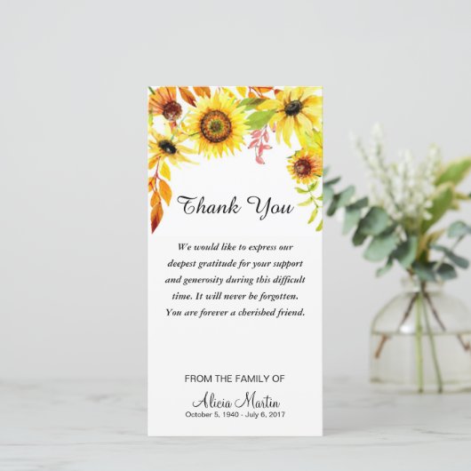悔やみや弔慰は記念の水彩画のヒマワリ感謝していしています サンキューカード (スタンド正面)