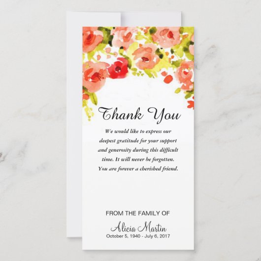 悔やみや弔慰は記念の水彩画の花柄感謝していしています サンキューカード (正面)