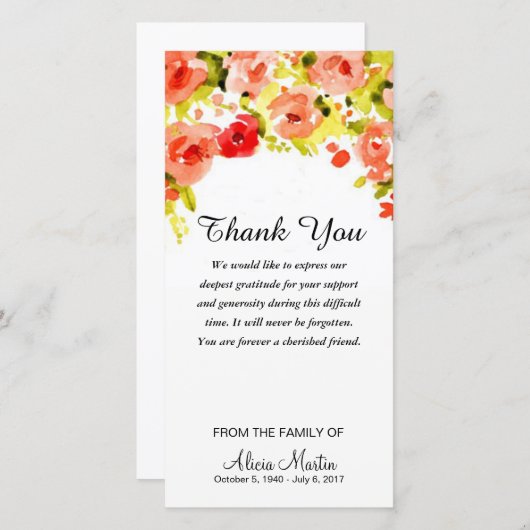 悔やみや弔慰は記念の水彩画の花柄感謝していしています サンキューカード (正面/裏面)