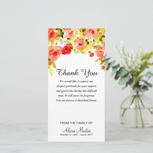 悔やみや弔慰は記念の水彩画の花柄感謝していしています サンキューカード (スタンド正面)