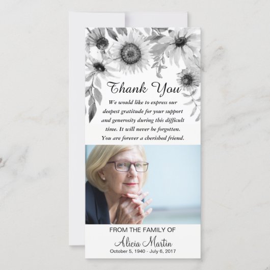 悔やみや弔慰は記念の素朴なヒマワリ感謝していしています サンキューカード (正面)