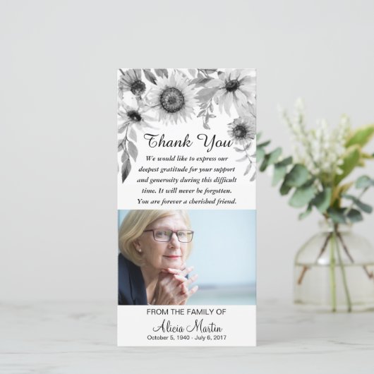 悔やみや弔慰は記念の素朴なヒマワリ感謝していしています サンキューカード (スタンド正面)