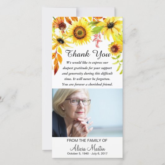 悔やみや弔慰は記念の花のヒマワリ感謝していしています サンキューカード (正面)