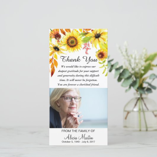 悔やみや弔慰は記念の花のヒマワリ感謝していしています サンキューカード (スタンド正面)
