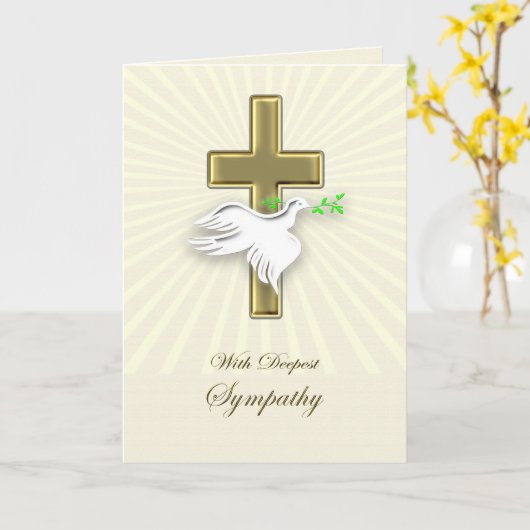 悔やみや弔慰は黄金の十字架と鳩を持つ。 カード (黄色い花)