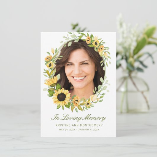 悔やみや弔慰ひまわり緑のスクリプトの写真 サンキューカード (スタンド正面)