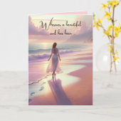 悔やみや弔慰ウーマン歩くオンビーチ カード (黄色い花)
