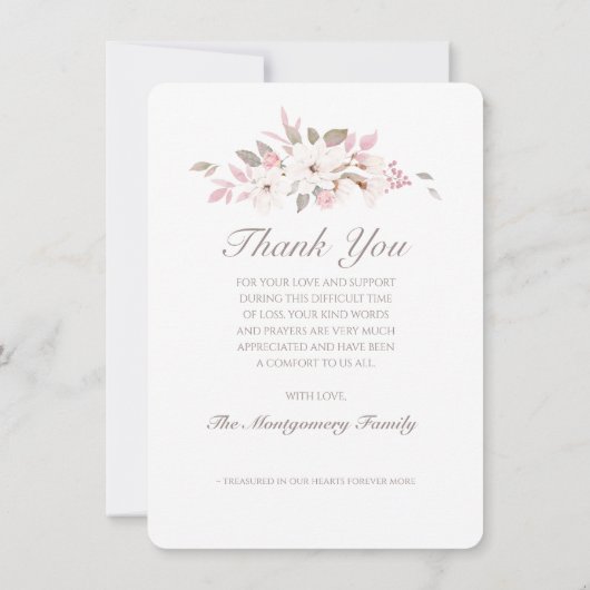 悔やみや弔慰エレガントピンクローズフローラ写真葬儀 サンキューカード (裏面)