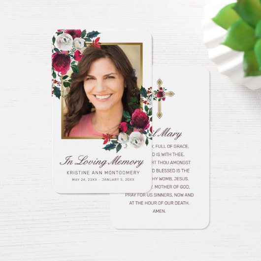 悔やみや弔慰エレガントレッドローズクロスフォト祈りの言葉カード (デスク)