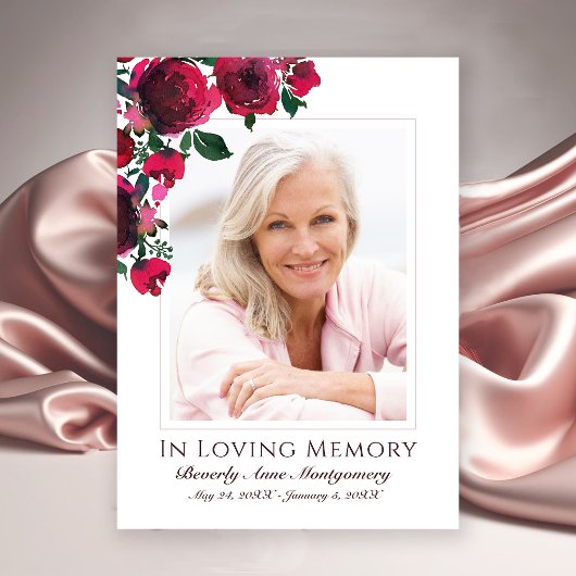 悔やみや弔慰エレガントレッドローズフローラ写真葬儀 サンキューカード