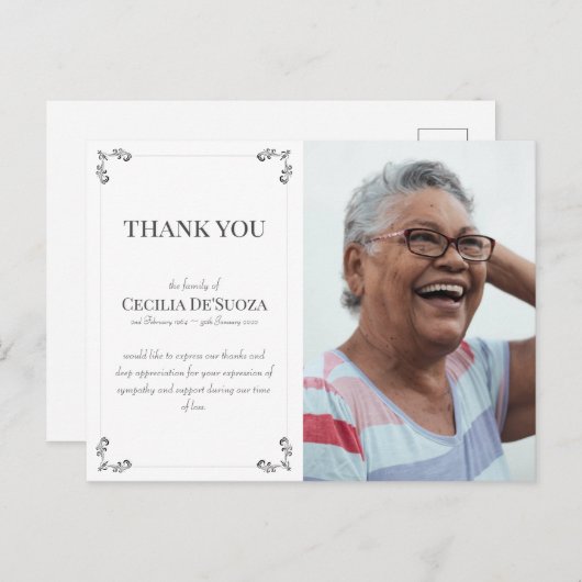 悔やみや弔慰カスタム写真葬式サンキューホワイト ポストカード (正面/裏面)