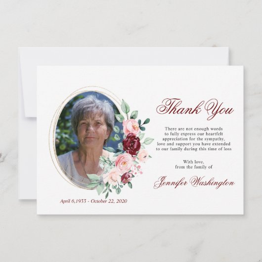 悔やみや弔慰サンキューメモリアルブルゴーニュフローラ サンキューカード (正面)