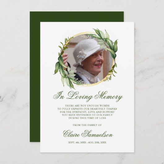 悔やみや弔慰サンキューメモリアル緑の写真 サンキューカード (正面/裏面)