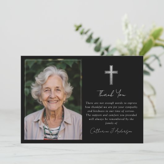 悔やみや弔慰シルバークロスフォト葬儀 サンキューカード (スタンド正面)